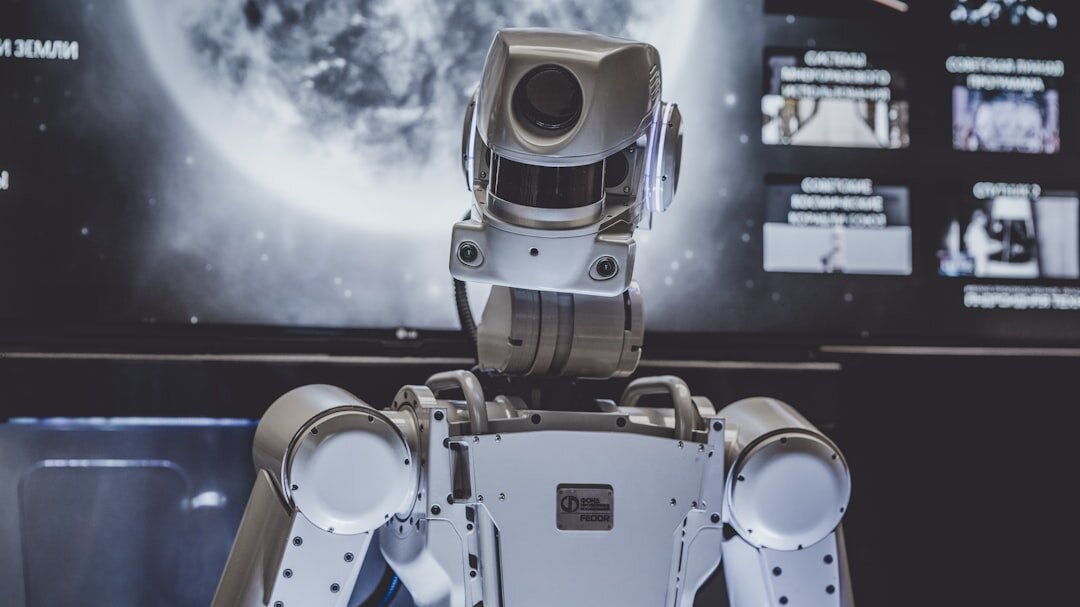 White advanced robot in futuristic laboratory setting